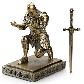 Amoysanli Medieval Armored Warrior Knight Pen Holder Desk Organizers and Accessories Resin Pencil Holder Paperweight as Gift with a Cool Letter Opener for Desk (Bronze)