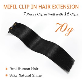 MIFIL Clip in Hair Extensions Real Human Hair Straight Human Hair Clip ins Jet Black Human Hair Clip ins 16 Inch 70g Human Hair Clip ins for Women(16inch,7pcs, 70g)