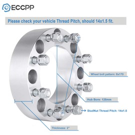 Wheel Spacer 8X170,ECCPP Wheel Spacers Adapters 2PCS 2" 8x170 to 8x170 125mm for Ford F250 F350 Super Duty Excursion Truck 14x1.5 Studs