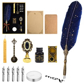 Anglekai Quill Pen and Ink Set, Calligraphy Feather Pen Set with Wax Seal Stamp, Ink, Replacement Nibs, Spoon, Envelope Letter Paper, White Wax, Antique Quills (Blue)
