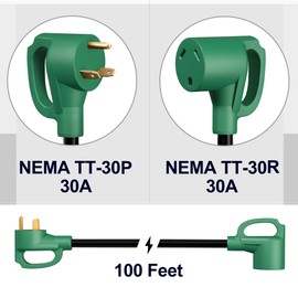 STRIGHT 100FT RV Extension Cord 30 Amp, RV Power Extension Cord NEMA TT-30P Male to TT-30R Female Heavy Duty 10 AWG STW 3-Wire for RV Trailer Campers 125V, 3750W, ETL Listed (100FT 30AMP), Green Plug