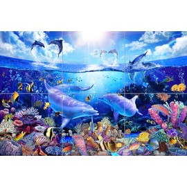 Ceramic Backsplash Tile Mural Dolphin Whale Underwater Ocean Fish Kitchen/Bathroom/Shower - Day of The Dolphins - Christian Riese Lassen