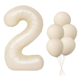 40 Inch Large Beige Number 2 with Latex Balloons, Big Foil Number Balloons for Kids Boys 2nd Birthday Party Decorations Boys Cute Baby Shower Supplies Anniversary Celebration