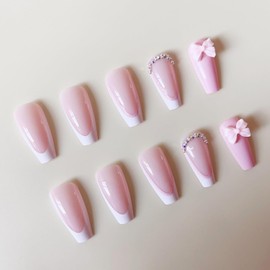 24 Pcs Pink Bow Press on Nails Medium Square Shaped False Nails with Glitter Design White French Tip Fake Nails Sparkly Rhinestones Acrylic Nails Fully Cover Stick on Nails for Women DIY Manicure