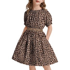 tiny sugar Girls Floral Smocked Waist Dress Church Holiday Playwear Soft Midi Dress with Pockets Leopard Brown SS-8y