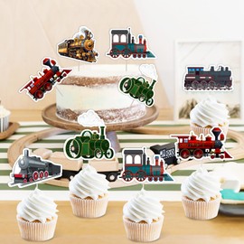 Jollyboom 36Pcs Train Cupcake Topper, Retro Train Birthday Baby Shower Party Decorations Double-sided Printing Cupcake Topper for Boy Girl Vintage Transportation Train Theme Party Decoration