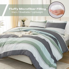 Litanika Oversized Queen Comforter Set Sage Green 98x98-3 Pieces Lightweight Green White Colorblock Stripe Fluffy Bedding Comforter Sets, All Season Bed Set