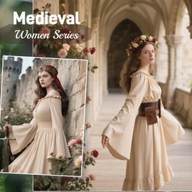 kasahara Medieval Clothing Women's Set, Retro Off Shoulder Blouse Dress, Renaissance Costume, Victorian Clothing, Maxi Dressm, Carnival Fancy Dress Costume, apricot, M