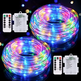 POTIVE 2 Pack Battery Rope Lights Outdoor Waterproof, 33Ft 100 LED Battery Christmas Lights, 8 Modes Battery Operated Outdoor Lights for Trampoline Pool Garden Walkway Patio Decorations (Multicolor)