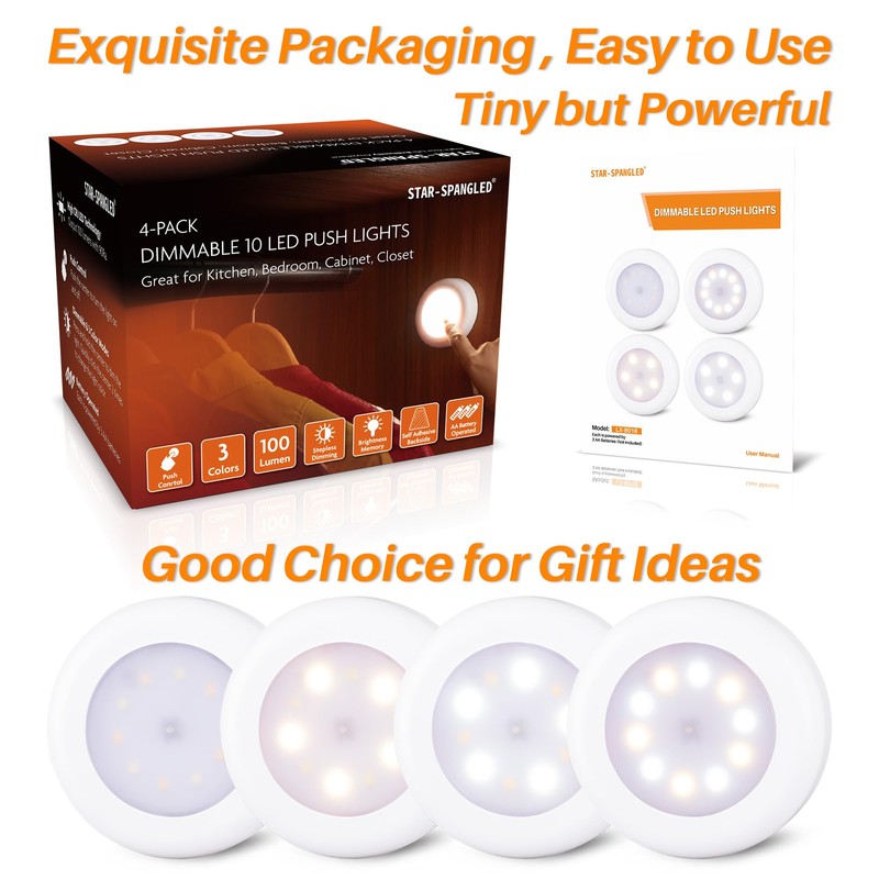 STAR-SPANGLED 4 Pack 3.1” Dimmable Push Tap Lights, Stick on