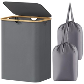 Lifewit 150L Laundry Basket with Lid, Clothes Hampers for Laundry with Bamboo Handles and 2 Removable Bags, Large Foldable Laundry Hamper for Bedroom, Bathroom, Dorm, Grey