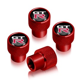 iPick Image for Nissan GT-R in Black on Red Aluminum Tire Valve Stem Caps - Official Licensed