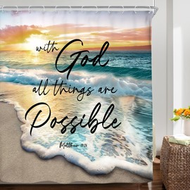 Riyidecor Beach Ocean Bible Verse Shower Curtain Sunrise Sunset Inspirational Scripture Christian 60Wx72H Inch Summer Coastal Seaside Seascape Fabric Decor Bathroom Polyester Waterproof 12 Pack Hooks