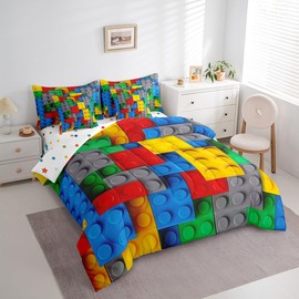 Erosebridal 3D Building Blocks Bed in a Bag Queen Comforter Set 7 Piece,Colorful Construction Bedding Sets Gradient Rainbow Bricks Sheet Set with Comforter,Red Yellow Green Blue Grey Bed Set