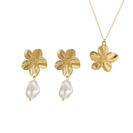 DEYOUM Flower Earrings And Necklace Set for Women Trendy Bohemian Flower Pearls 14K Gold Silver Dangle Drop Earrings Necklace Elegant Beach Summer Spring Jewelry Ideal Gift, Medium, Pearl, No Gemstone