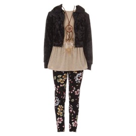 Little Girls Black 4 Pieces Pant Set Long Sleeve Jacket Necklace Floral Plaid Pant #2099 Size 6
