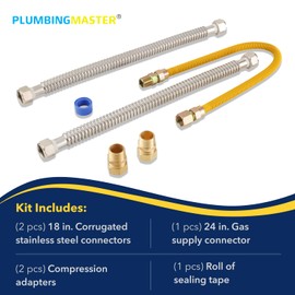 PLUMBINGMASTER Electric Gas Water Heater Installation Kit, 2pcs 3/4 FIP 18 Inch Water Heater Connector, 1 pc 1/2 MIP*1/2 FIP 24 Inch Yellow Gas line, 2pcs compression adapters