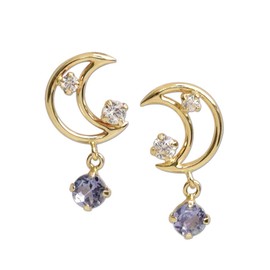 Four Leaf Clover Kk167 Dangling Earrings, Cubic Zirconia, 10k Gold, 10k K10 Gold, Crescent Moon, Tanzanite, Stud Earrings, December Birthstone, Women's, Women's, Cubic Zirconia, Tanzanite