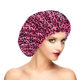 Fishent Shower Cap, Large Shower Caps for Women Reusable Double Layer Waterproof, Adjustable Extra Large Shower Cap for Long Hair and Braids（Red Leopard)