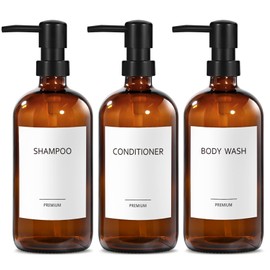 GMISUN Glass Shampoo and Conditioner Dispenser, Shower Soap Dispenser Bottles with Labels, Refillable Shampoo Conditioner Body Wash Dispensers, Amber Glass Soap Pump Dispenser Set for Bathroom Shower