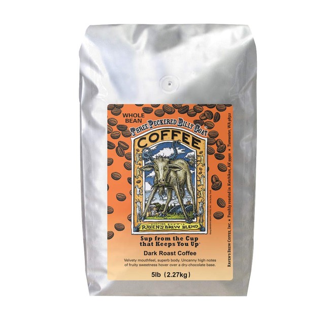 Raven’s Brew Coffee Whole Bean Three Peckered Billy Goat – Dark Roast – Breakfast Coffee Bliss with an Instant Caffeine Supercharge – Delicious as Espresso – 5lb Bag