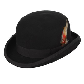 GEMVIE Men's Bowler Derby Hat Wool with Feather Black Derby Hat Satin Lined