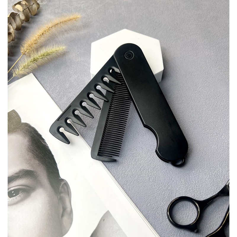 2-in-1 Men's Protable Folding Pocket Comb - Black, Fine &