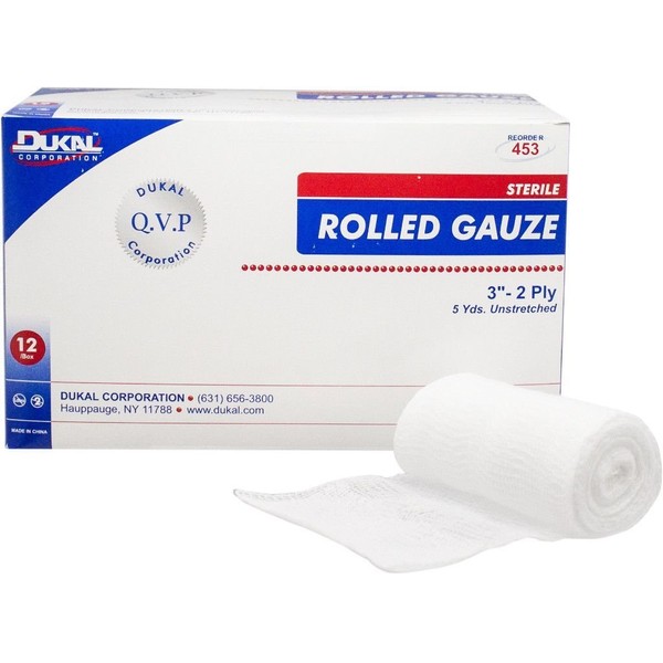 Rolled Gauze Bandages, Non-Sterile, 3" x 5 yd, Package of 12