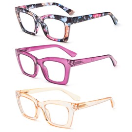 REAVEE 3 Pack Oprah Style Reading Glasses for Women Blue Light Blocking, Cute Oversized Square Computer Readers with Spring Hinge, Flower Rose Tea 1.0