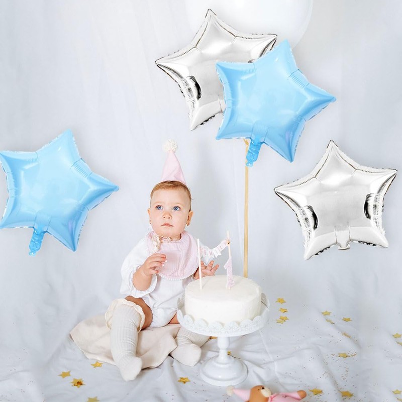AnnoDeel 20pcs Silver Blue Star Foil Balloons,18inch Silver and light