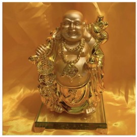 Cal Mart gifts Chinese Wealth Money Happy Laugh Gold Buddha Carrying Coins Statue glass Stand