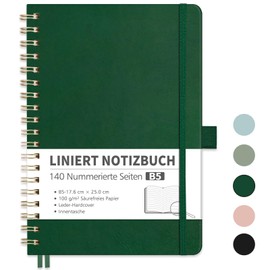 RETTACY Notebook B5 Lined, Bullet Journal with 100 g/m² Thick Paper, 70 Sheets/140 Numbered Pages, College Pad for Office and School, Leather Cover, Dark Green, 17.6 cm x 25 cm