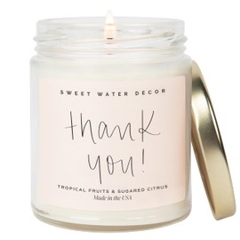 Sweet Water Decor Thank You Candle | Tropical Fruit and Sugared Orange, Summer Scented Soy Wax Candle for Home | 9oz Clear Jar, 40 Hour Burn Time, Made in The USA