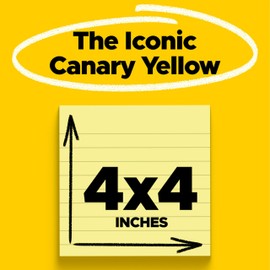 Post-it Large Notes, Canary Yellow, Lined, 101 mm x 101 mm, 300 Sheets - Self-stick Notes For Note Taking, To Do Lists & Reminders
