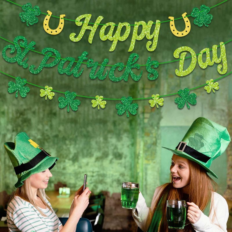 GULWAT Glitter Happy St. Patricks Day Banner Pre-Assembly Spring Shamrock