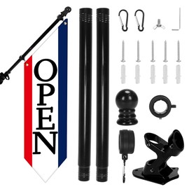 OPEN Flag with Pole Kit - Heavy Duty Canvas Open Banner for Business Storefront, 42x12 Inch Outdoor Double-Sided Sign with Bracket - Advertising Signage for Retail & Shops (Patriotic)
