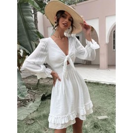AlvaQ Womens Sundress Casual V Neck Long Sleeve Mini Dress Bohemian Fashion Skater A Line Ruffle Swing Dresses White 1x