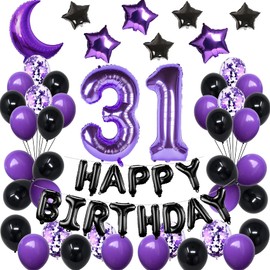 NANINUNENO 31st Birthday Decorations Set for Girl Women Boy Men,Purple Black 31 Happy Birthday Balloons Supplies with Purple Number Balloons 31 Happy Birthday Banner and Moon Balloons