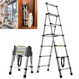 Telescopic A-Frame Aluminum Extension Ladder 1.7M + 2M Adjustable Folding Step Ladder Heavy Duty Telescoping Ladder Portable Multi-Use for Household Daily Hobbies