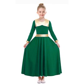 ZYACTU Long Sleeve Praise Dance Dress for Girls Metallic Liturgical Worship Dance Costumes Lyrical Costume Church Robe Tag 130,Dark Green, 7-8 Years