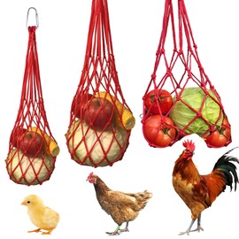 CUVZORA Pack of 3 Chicken Feeder Net for Hanging, Hanging Feeding Mesh Bag with Hooks, Practical Automatic Feeder Chicken Accessories, for Chickens, Ducks and Geese (Red)