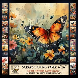 FLONZ Scrapbook Paper (24 sheets 6"x6") Butterfly Bloom Collage ~ A vibrant set of digitally rendered butterflies and florals in mixed media style with vintage textures expressive painterly effects