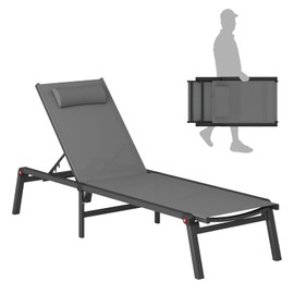 WOAJNQO Aluminum Chaise Foldable Patio Lounge Chair Outdoor,Adjustable 5-Position Recliner Pool Lounge Chair,Full Flat Tanning Chair for Patio,Beach,Pool,Outdoor Lounge Chairs,Gray