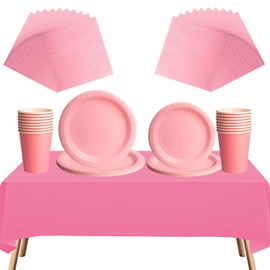 69pcs Pink Disposable Tableware Set - 20 Napkins, 16 Cups, 16pcs 7inch and 9inch Plates, 1pcs Pink Tablecloths | Biodegradable Dinnerware for Birthdays, Weddings, Kids Adult Christmas Party