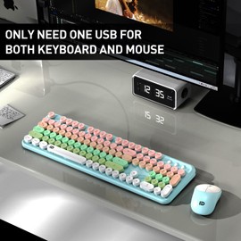 Keyboard and Mouse Wireless,2.4Ghz Retro Typewriter Style Round Keycap,Full Size Wireless Keyboard Mouse Combo,Cute Cordless Keyboard Mouse Set for PC Laptop Desktop Computer-Green White Pink Colorful