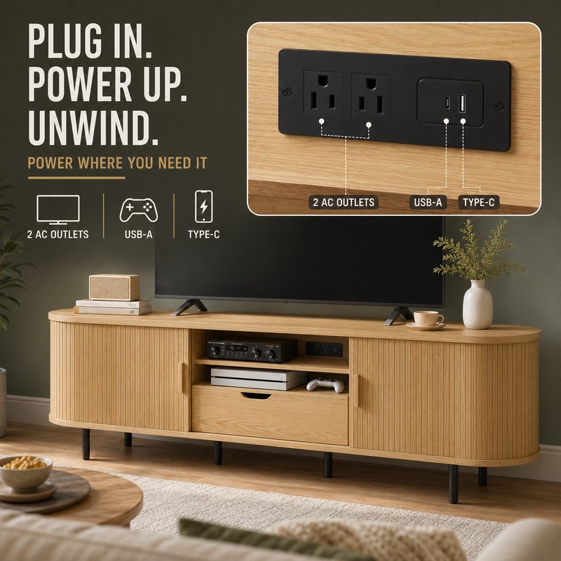 69-Inch Wood TV Stand with Power Outlet and Hidden Storage