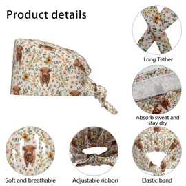 Highland Cow Flower Adjustable Working Cap with Sweatband Scrub Hats Surgical Headgear for Women/Men