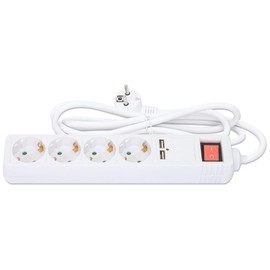 Manhattan 4-Way Power Strip with 2 USB Charging Ports and Power Switch, Protective Contact, White