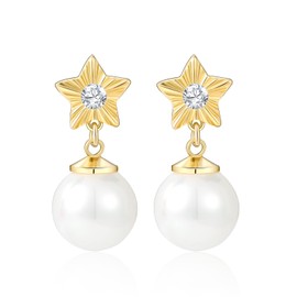 MESOVOR Pearl Drop Earrings for Women, 16K Gold Plated Eight Awn Star Cubic Zirconia Earrings | Bridal Wedding Earrings | Prom Party Earrings(Pentagram Star-Gold)