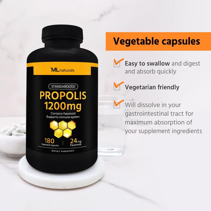 ML Naturals Standardized Propolis 1200 mg 180 Vegetable Capsules. Supports